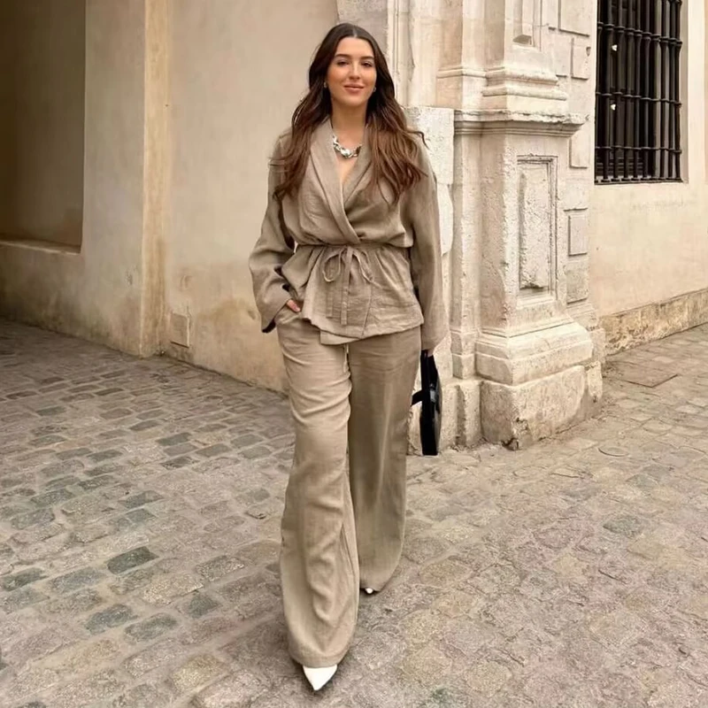 TRAF-Lace Up Pajama Style Pants Sets for Women, Kimono Top, Women's Suit, Fashion Outfit, 2 Pieces