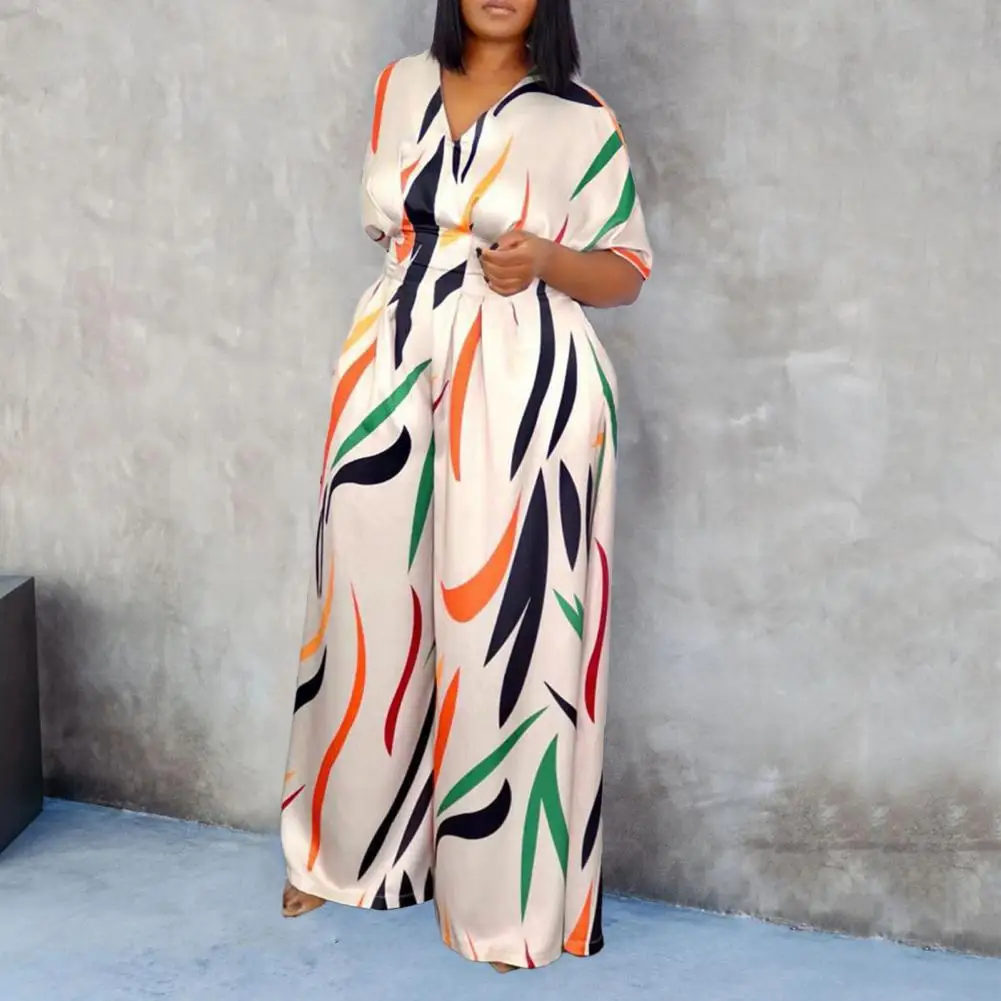 

Fade-resistant Jumpsuit Batwing Half Sleeve Jumpsuit Colorful Striped V-neck Jumpsuits Chic Streetwear with for Women's