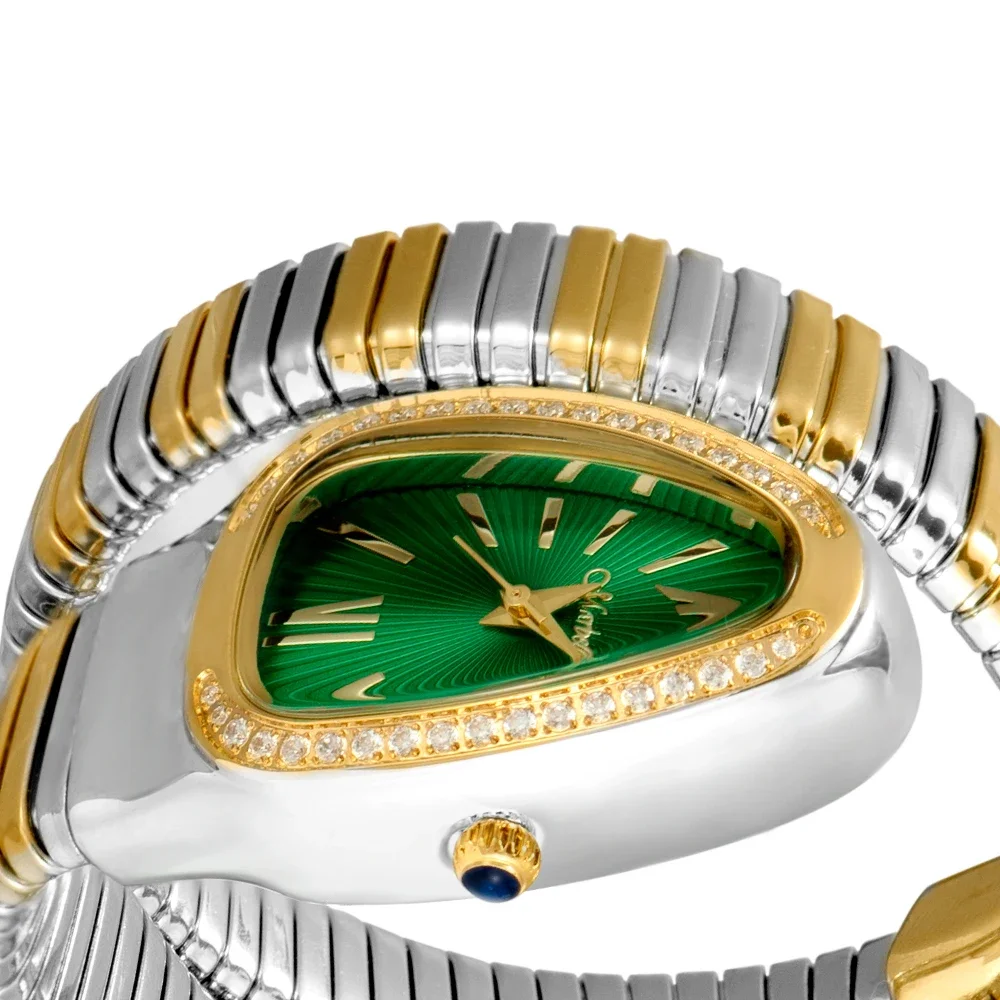 ساعة كلاسيكية على شكل ثعبان للنساء سوار ذهبي وفضي...