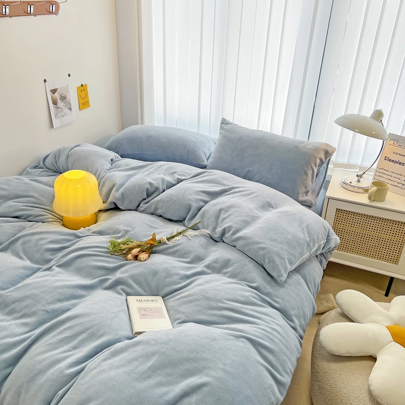 Winter Milk Velvet Blue Duvet Cover Solid Color Soft Warm Keep Warm Bed
