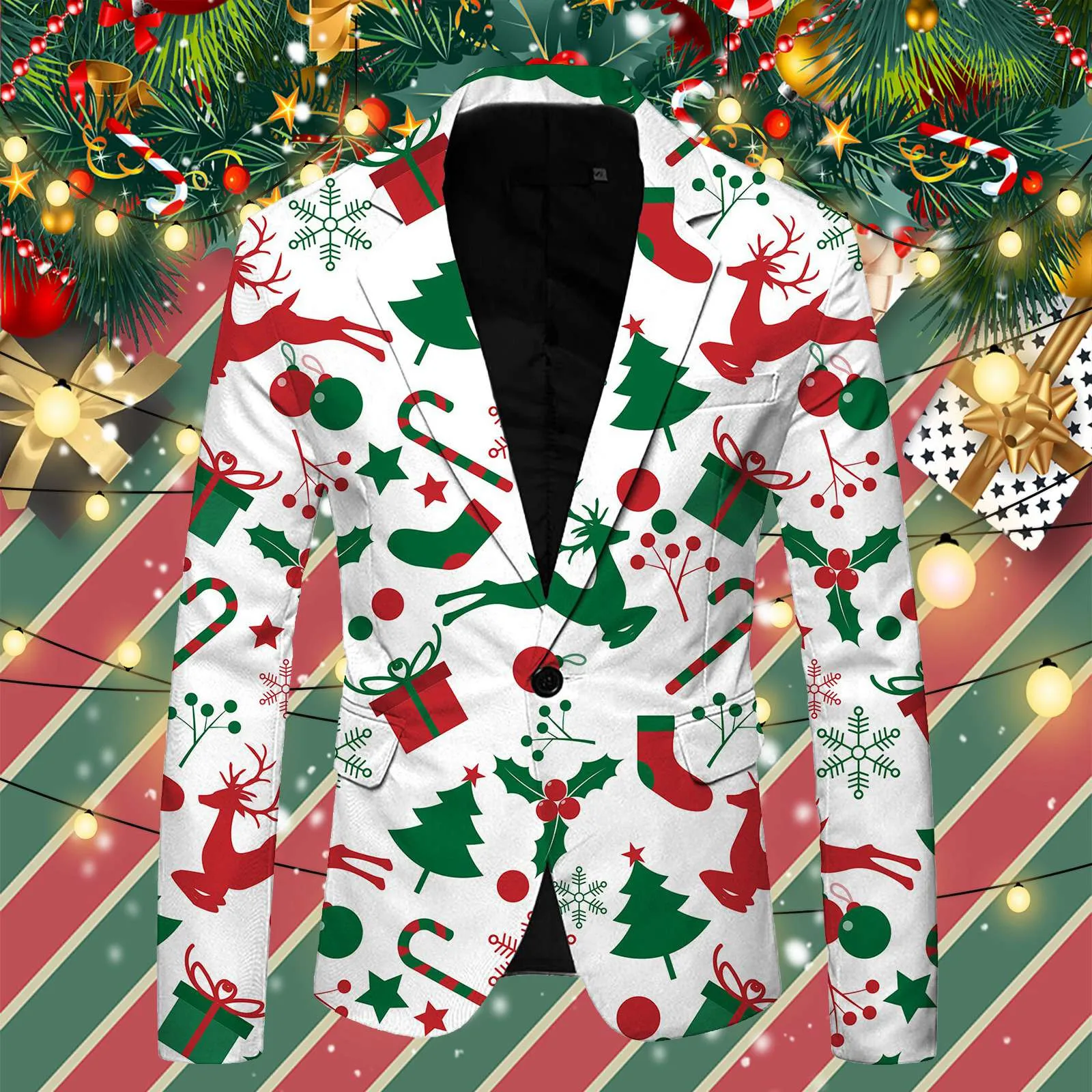 Men's Christmas Suit Blazer Funny Christmas Deer Snowflake Print Male Coat British Style Long Sleeve Suit Jacket Business