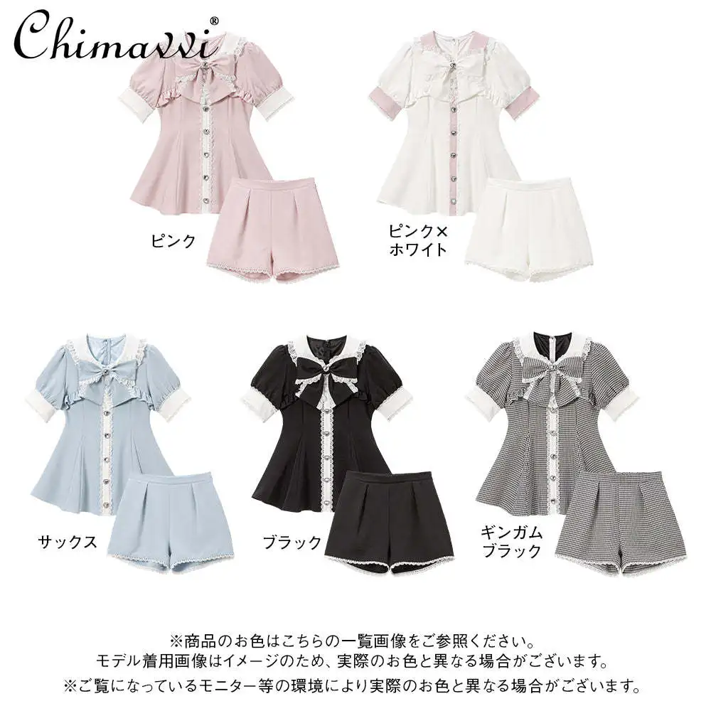Japanese Lolita Sweet Top and Shorts Suit Summer New Slim Waist Big Bow Lace Edge Short Sleeve Shirt Dress Shorts Girl's Outfits