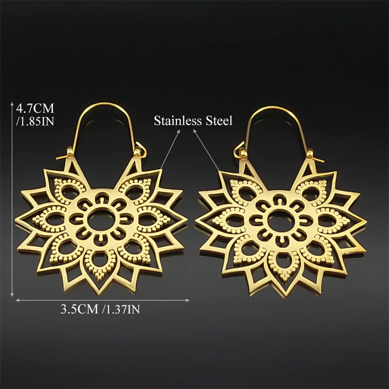 Trendy Yoga Lotus Flower Earrings Stainless Steel Gold Color Hoop Earrings for Women Jewelry boucles d'oreilles E9360S01 - Image 6