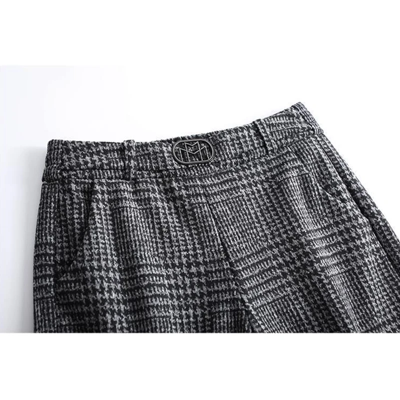 Pantaloni di lana da donna autunno inverno nuova tasca scozzese moda coreana addensare pantaloni a vita alta dritti a gamba larga alla caviglia 4