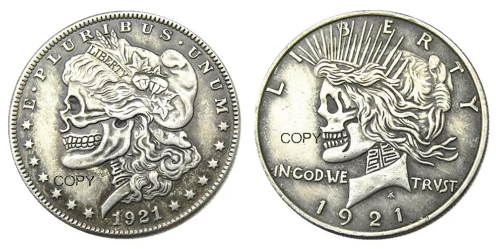 

США Хобо 1921/1921 Морган доллар и Мир доллар Череп Зомби Скелет посеребренные копии монет