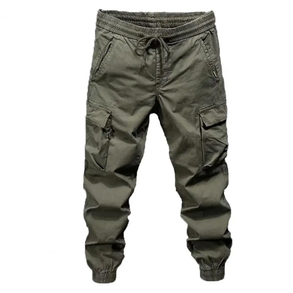 Durable Cargo Pants Men's Elastic Waist Cargo Pants with Drawstring Multi-pocket Outdoor Sport Trousers for Spring Autumn