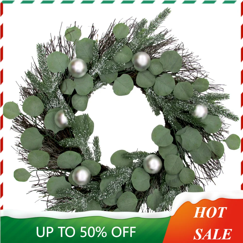 

Fraser Hill Farm Spruce Decorated Pine Christmas Eucalyptus Wreath, with Ornaments including Frosted Branches 24" (Green)