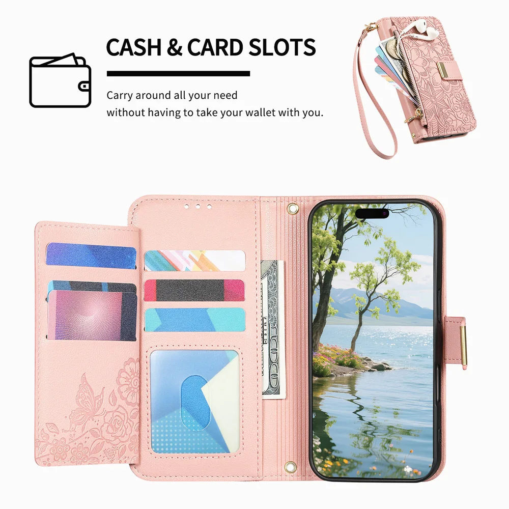 PU Leather Zipper Crossbody Wrist Strap Flip Wallet Card Slot Phone Case Cover