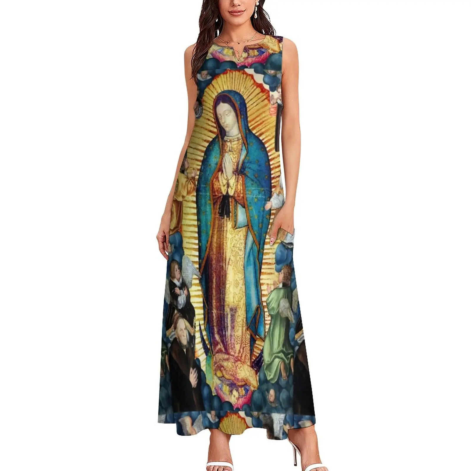 Vestido largo de la Virgen María de Guadalupe para mujer, vestidos largos  bohemios con estampado de ángeles bonitos, Vintage, talla grande 5XL -  AliExpress
