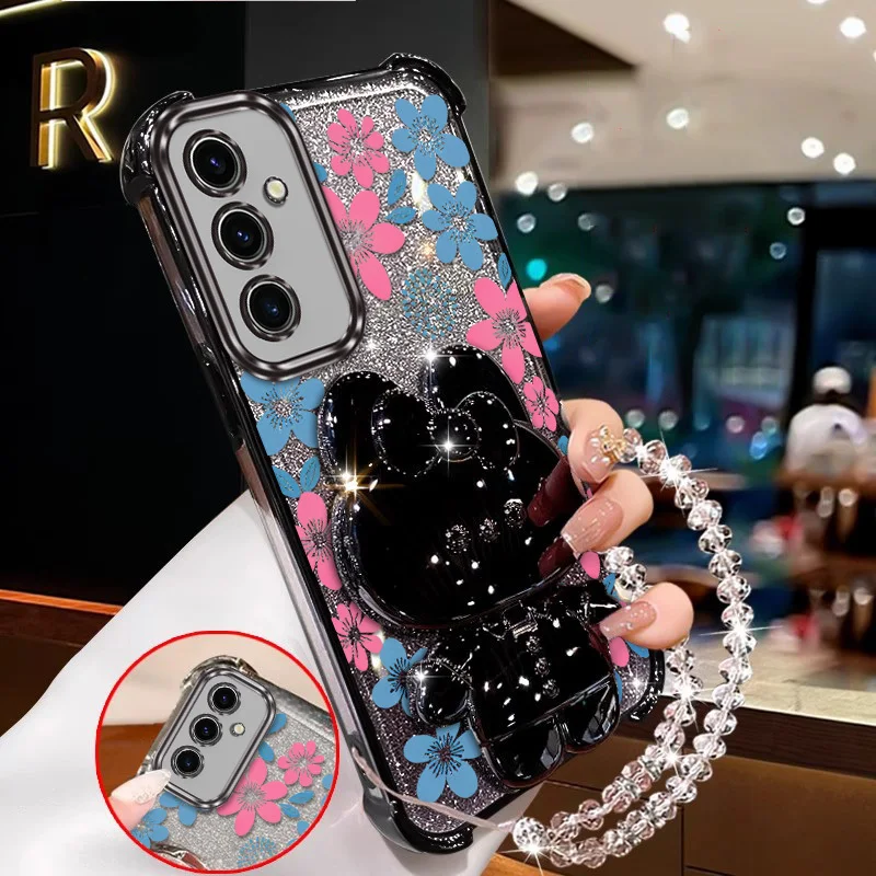 Elegant Blue Floral Phone Case Set with Lanyard and Stand – 3 Piece Set