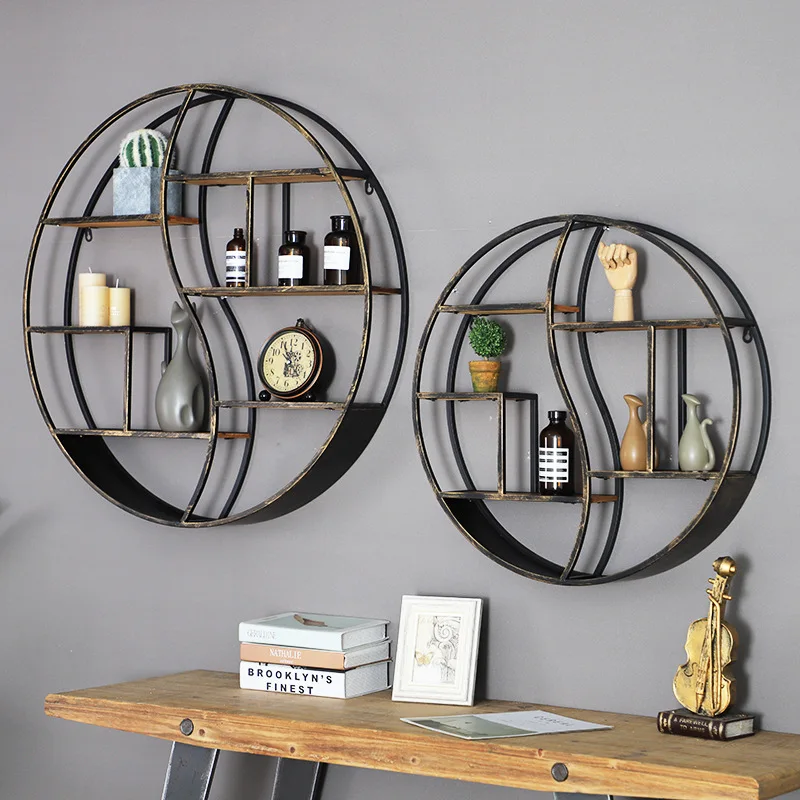 

Retro romantic craft style simple solid wood storage rack decoration and storage one-piece old solid wood round wall pendant sol