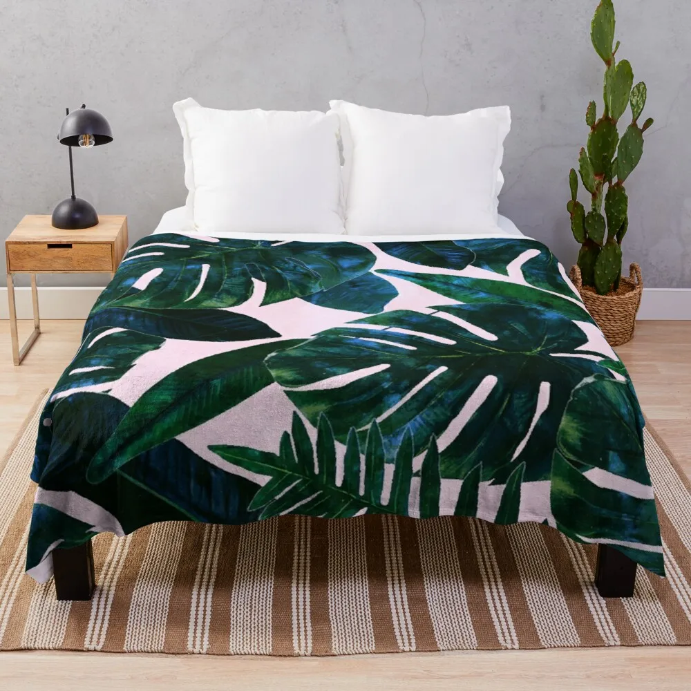 

Perceptive Dream, Tropical Botanical Jungle Watercolor Painting, Monstera Palm Nature Bohemian Blush Illustration Throw Blanket