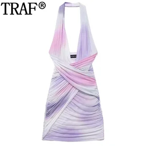 TRAF Halter Bodycon Tulle Dress Ruched Print Mini Dress Woman Off Shoulder Tie Dye Short Dresses Summer Backless Party Dresses