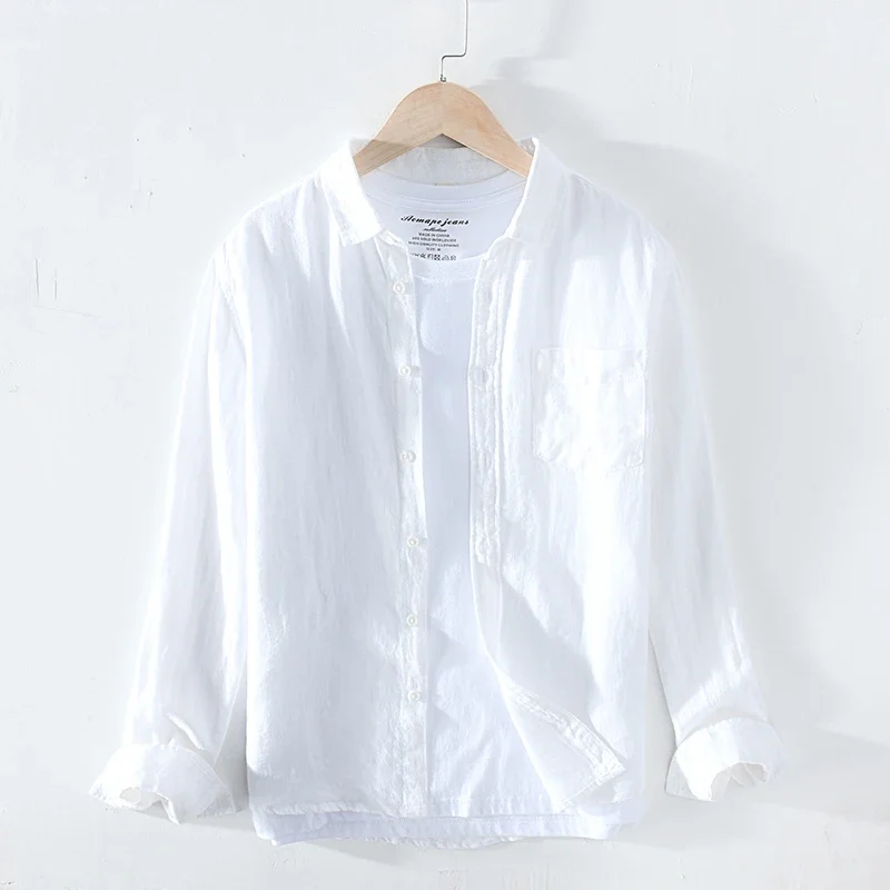 Long Sleeve Shirt Pure Linen Shirts for Men Long Sleeve Casual Turn-down Collar Basic Classic Tops Male Fashion Solid Color Retro Clothing