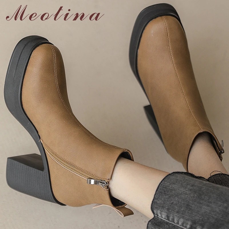 

Meotina Women Genuine Leather Ankle Boots Round Toe Platform Block High Heel Zipper Lady Fashion Short Boot Autumn Winter Shoes
