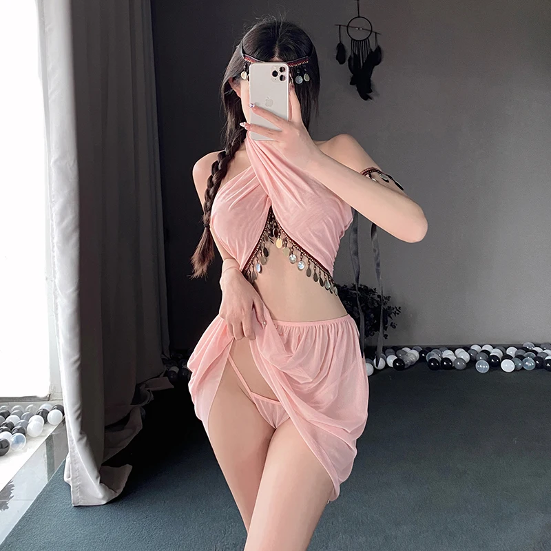 

Ancient Persian and Egyptian Cosplay Unleash Inner Seductress with Exotic Lingerie Set Adorned with Metallic Accessories
