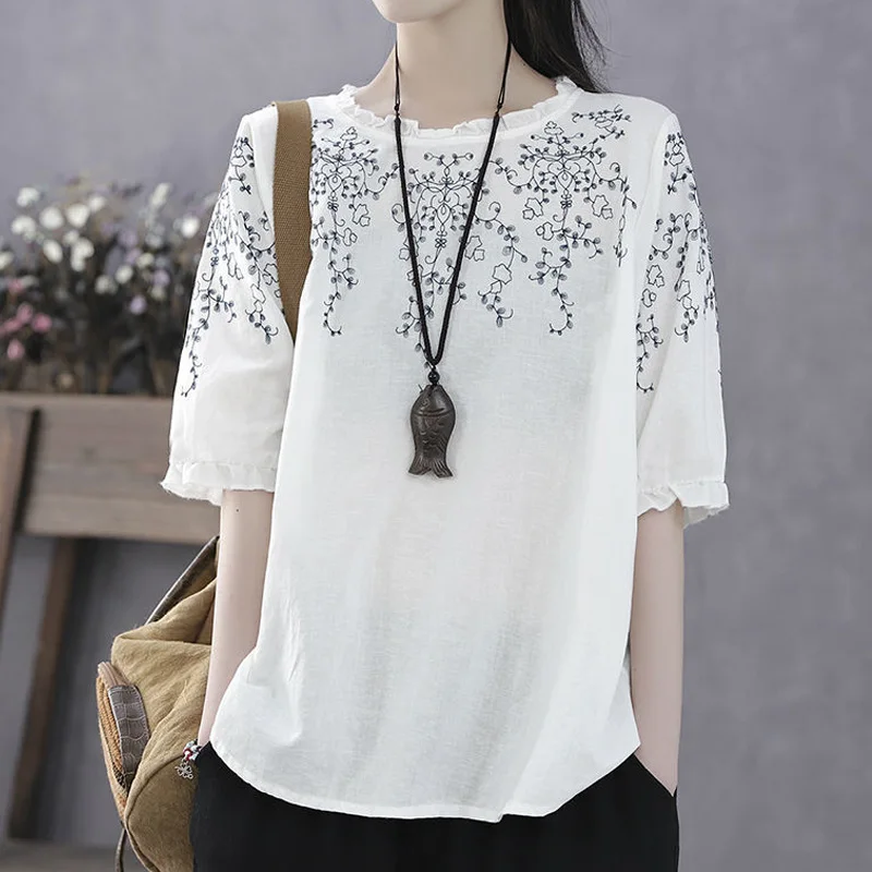 Vintage Printing Loose Blouse Summer New Round Neck Short Sleeve Solid Color Shirt Tops Simplicity Casual Women Clothing