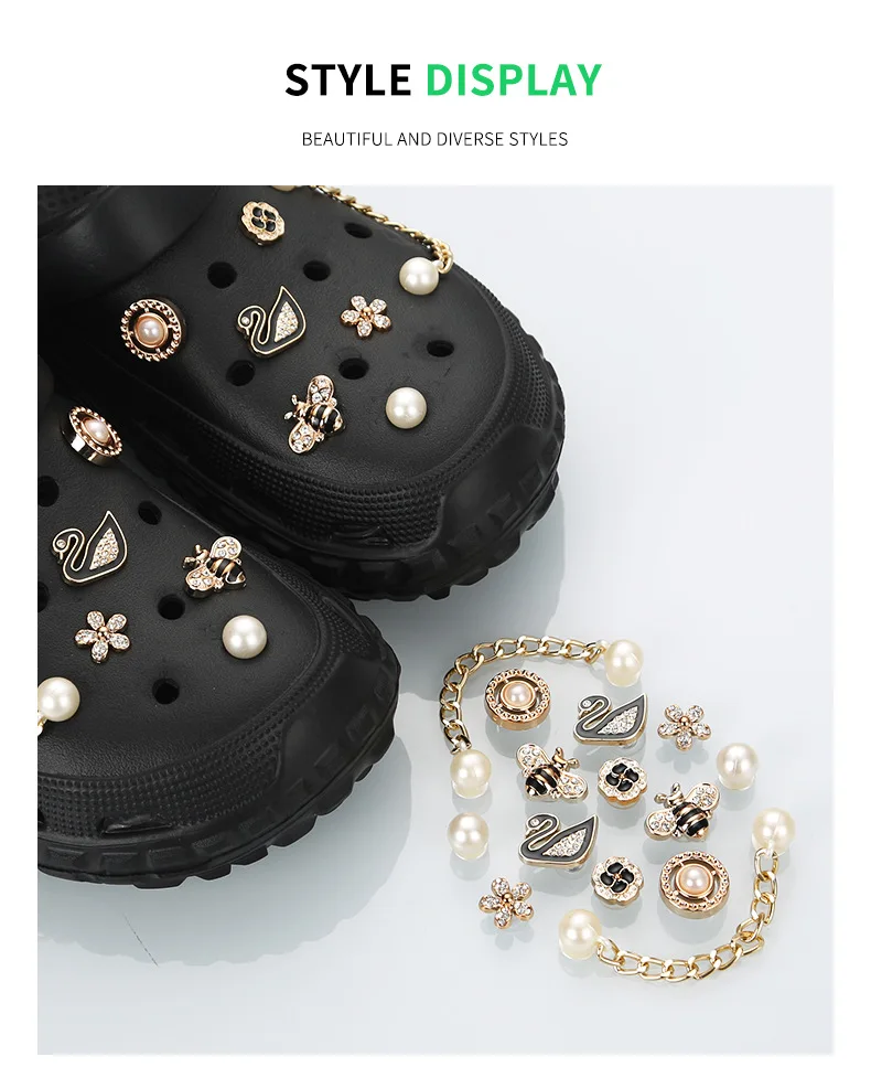 YNPO 14 Stück modische schwarze Schwanen- und Bienenformen für DIY-Schuhschnallendekoration, weiße Perlen und goldene Ketten, Schuhanhänger, Blütenblatt – Detail 7