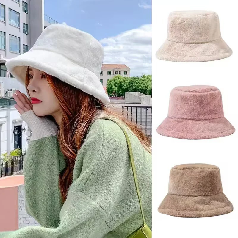 

Solid Soft Faux Fur Lady Girls Streetwear Fisherman Hat Winter Plush Bucket Hats For Women Outdoor Thick Warm Panama Cap