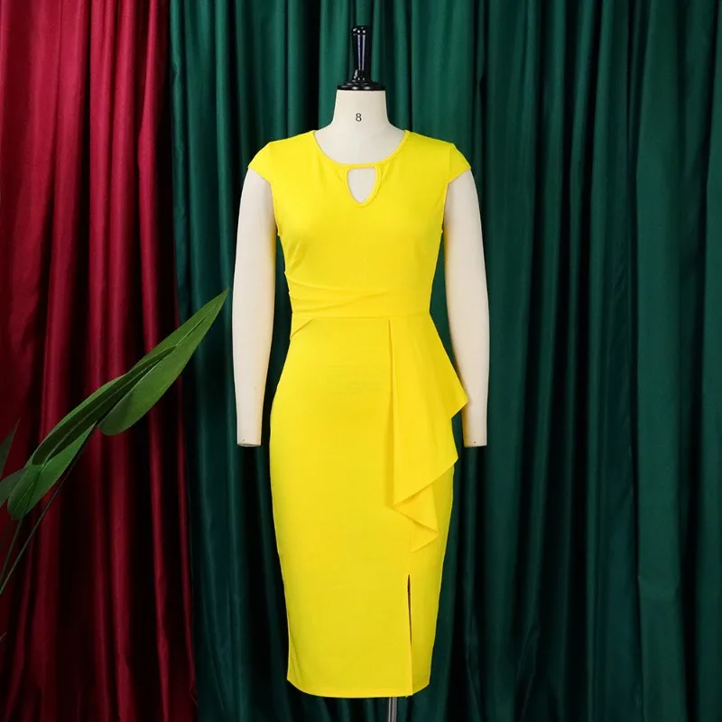 

2024 Summer Fashion Style African Women Short Sleeve O-neck Blue White Yellow Knee-length Dress African Dresses for Women