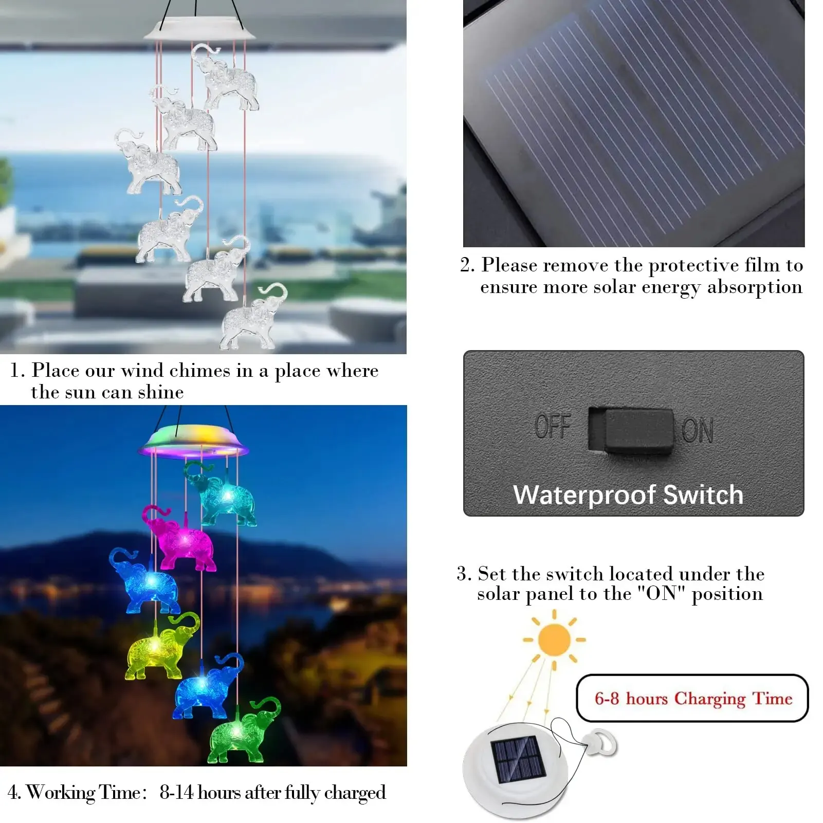 Outdoor Solar Waterproof LED Elephant Wind Chimes Home Gifts Decorating Gardens Outdoor Courtyards Lawns