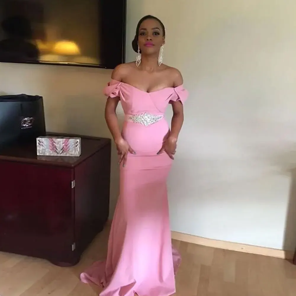 

African Pink Prom Dresses With Beading Sash Off the Shoulder Mermaid Satin Women Evening Dress vestidos Girl Formal Party Gowns