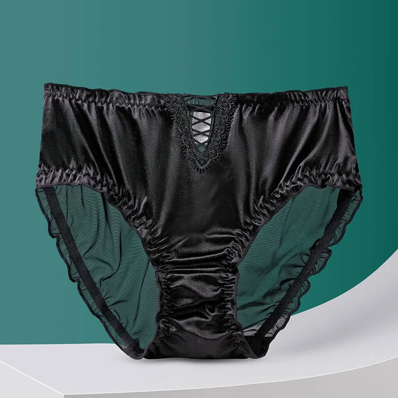 Silk Satin Sexy Women's Panties High End Briefs Sexy Hollow Lace Summer Breathable Underwear Seamless Underpants Lingerie