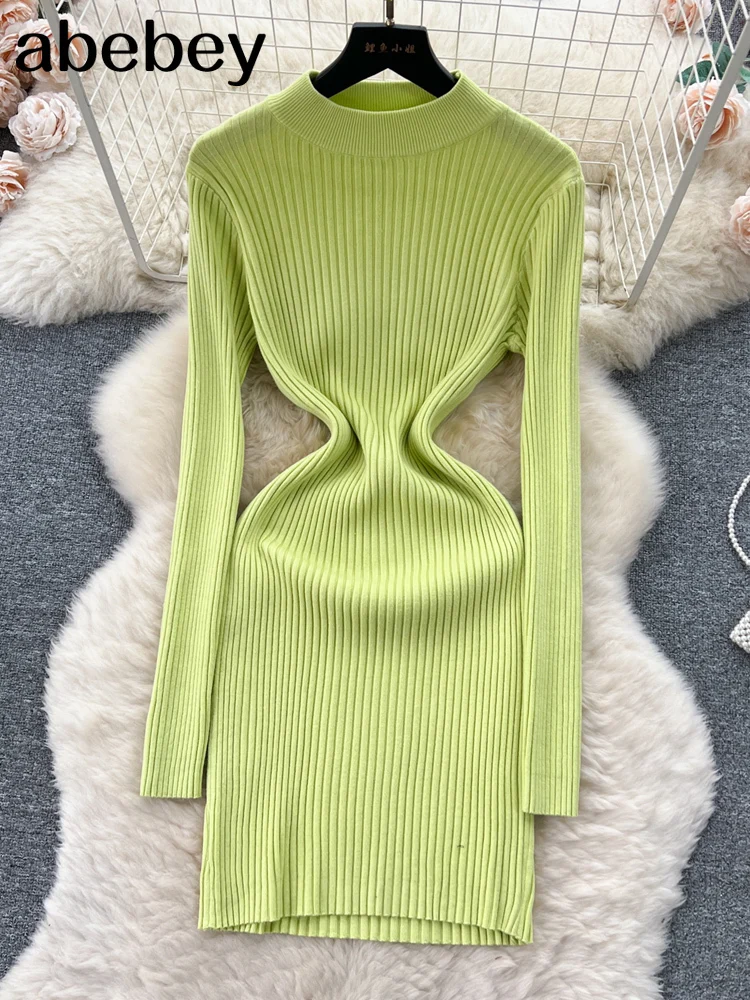 فستان نسائي قصير محبوك ، نصف ياقة ، رقبة ، مثير ،...