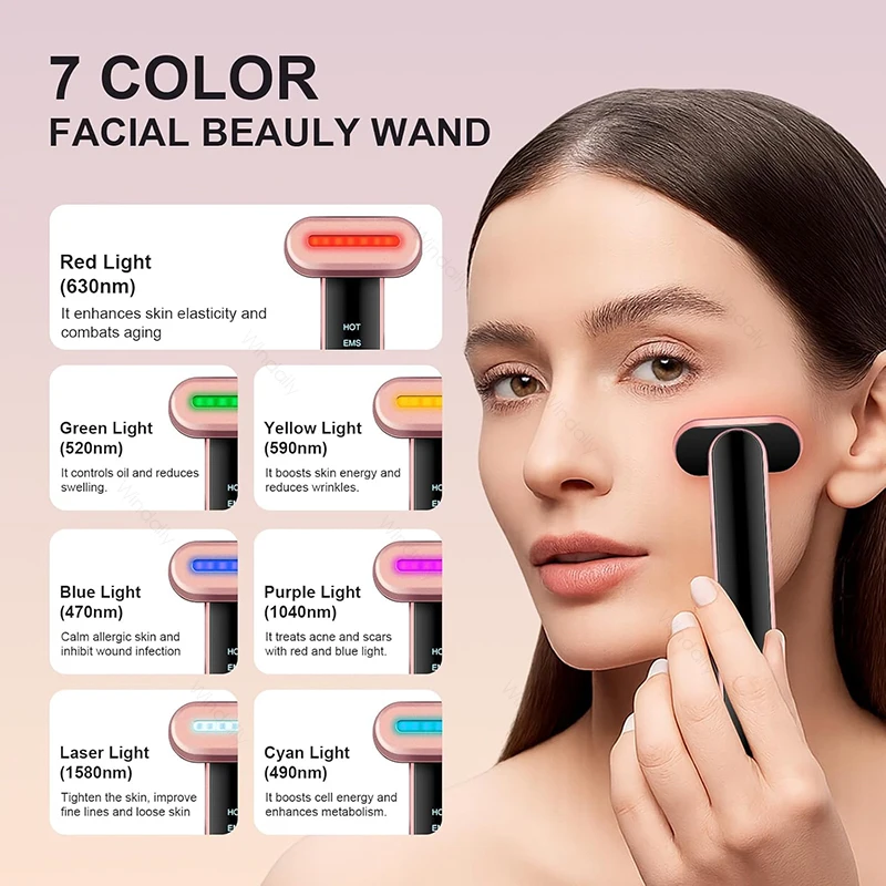 New 7 Color Light Beauty Wand Hot Compress Red Light Therapy For Face Neck EMS Microcurrent Facial Device Vibration Eye Massager
