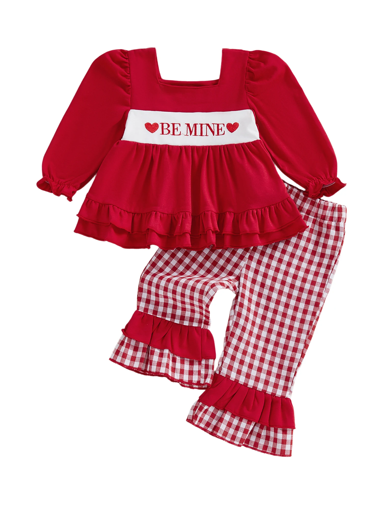 Toddler Girl Valentine’s Day Clothing Set with Long Sleeve Letter Tops and Plaid Flare Pants - Adorable Baby Outfit for the