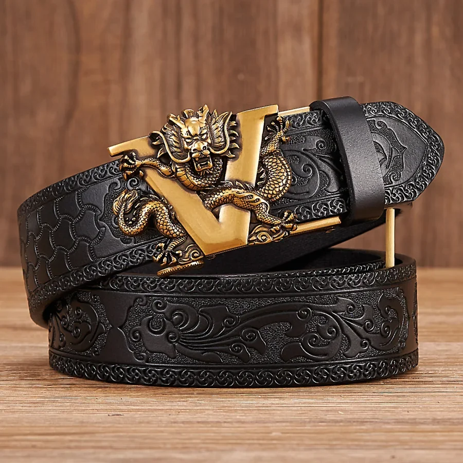 

V Buckle Cowskin Genuine Leather Belt Quality Alloy Automatic Buckle Print Wasitbad Strap Gift Bussiness Male Belt Men 3.5CM