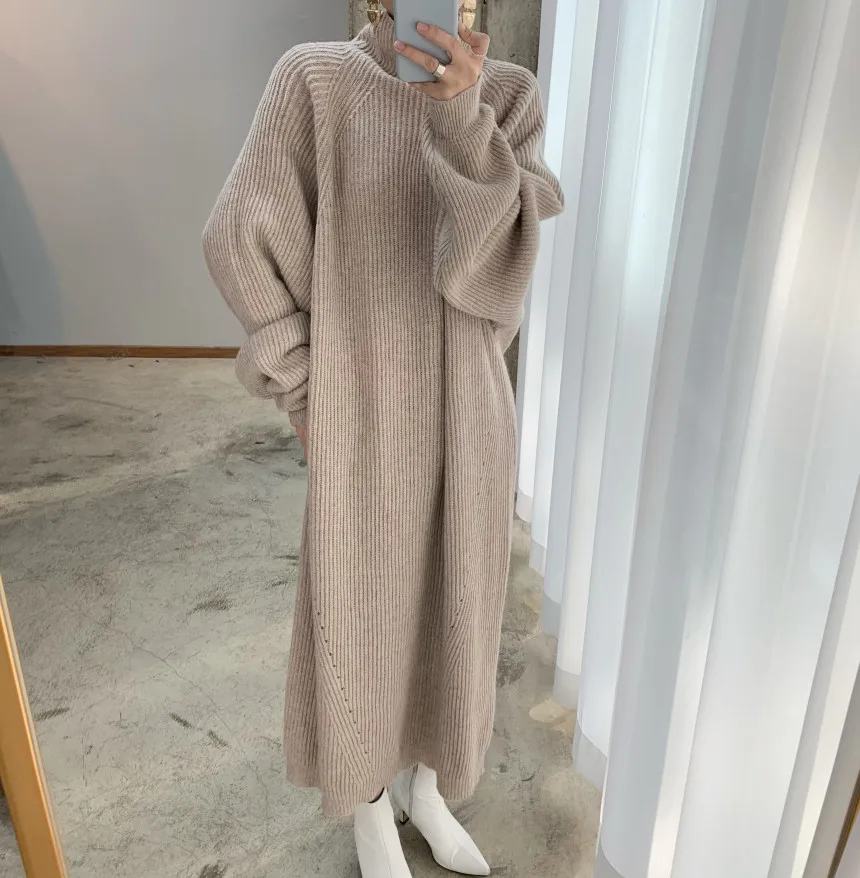 

Lazy Oaf Turtleneck Sweater Knitted Dress Casual Korean Robe Longue Femme Fall 2023 Loose Winter Maxi Thickening Oversized Robe