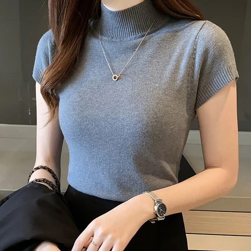 캐주얼 여성 의류 한국 니트 탑 블라우스, 단색 슬림 터틀넥 블라우스, 봄 여름 신상, 8622 5