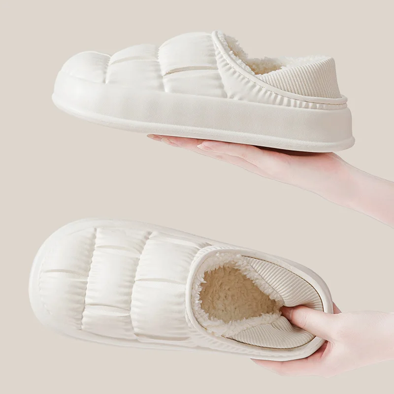 Waterproof Non-Slip Winter Home Shoes Women Comfort Soft Sole Plush House Slippers Woman Solid Color Warm Cotton-Padded Shoes 4