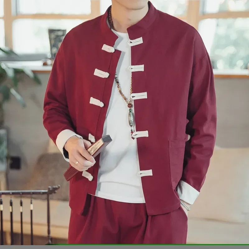 Chinese Traditional Retro Coat Man Autmn Long Sleeve Tang Suit Mandarin Collar Buckle Jacket Oriental Cotton Kung Fu Shirt