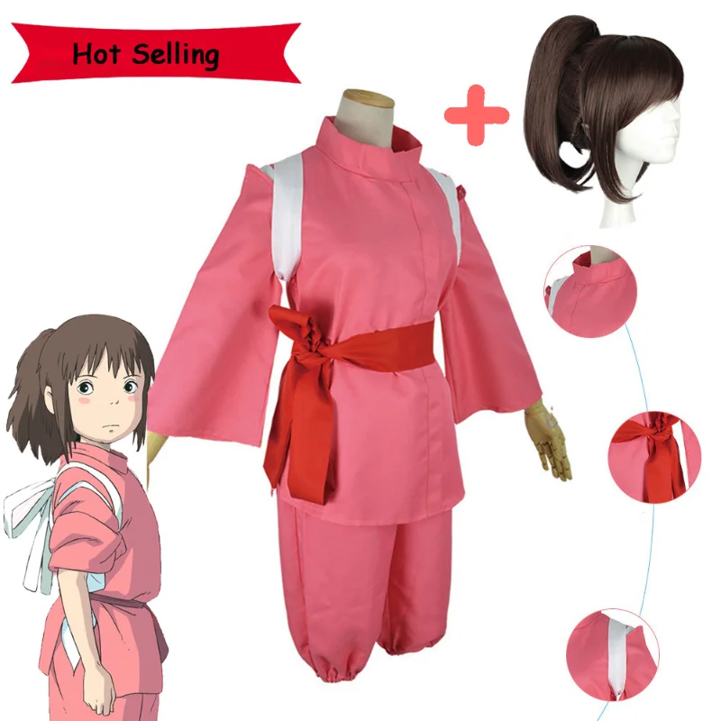 

Anime Movie Spirited Away Cosplay Suits Takino Chihiro Show Costumes Kamikakushi Girls Pink Kimono Sets Ladies Party Wig