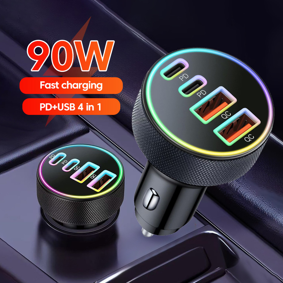 PD90W 4 Ports PD USB Cigarette Lighter Charger QC3.0  Adapter Quick Charger in Car For iPhone15 Samsung Ipad Macbook Laptop