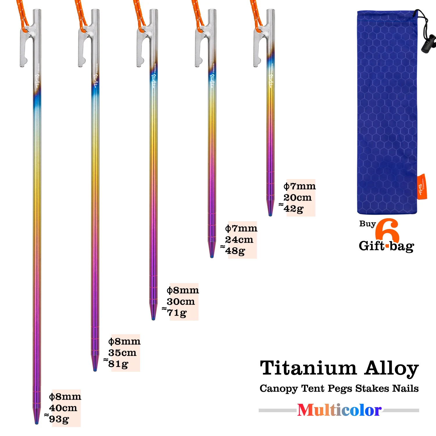 TiTo Camping Titanium Tent Pegs for Hard Floor 20 24 30 35 40 cm