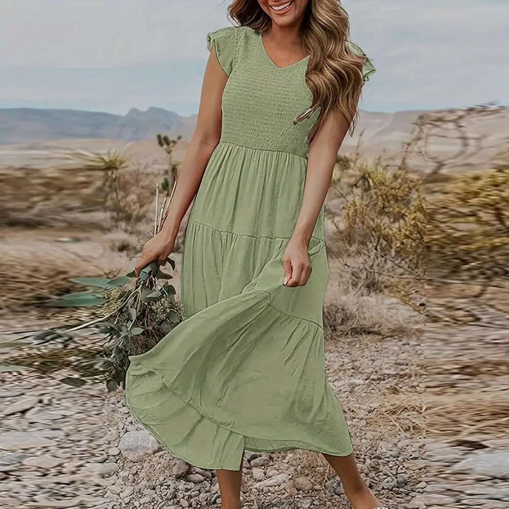 

Elegant Waist Dress Elegant Pleated A-line Midi Dress with Flying Sleeves V Neck Detail for Beach Wear or Commuting Solid Color