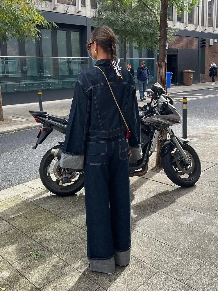 Casual Denim Pant Set for Women Lapel Long Sleeve Single Breasted Jacket Wide Leg Pocket Trouser Lady Streetwear Chic Outerwear 2