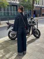 Casual Denim Pant Set for Women Lapel Long Sleeve Single Breasted Jacket Wide Leg Pocket Trouser Lady Streetwear Chic Outerwear 2
