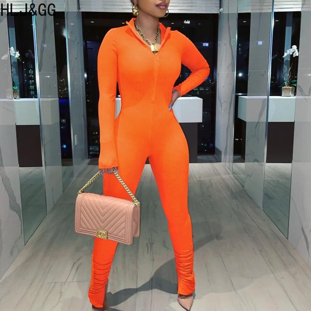 HLJ&GG Autumn Casual Solid Zipper Bodycon Jumpsuits Women V Neck Long Sleeve Stacked Pants One Piece Playsuits Female Overalls