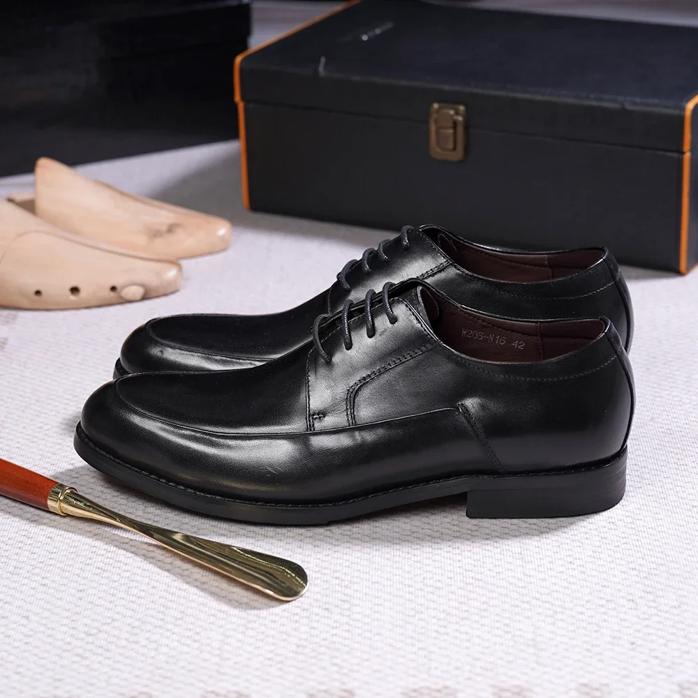 Italian Style Men Derby Shoes Handmade Genuine Leather Plain Toe Lace-Up Business Office Wedding Formal Dress Shoes for Men