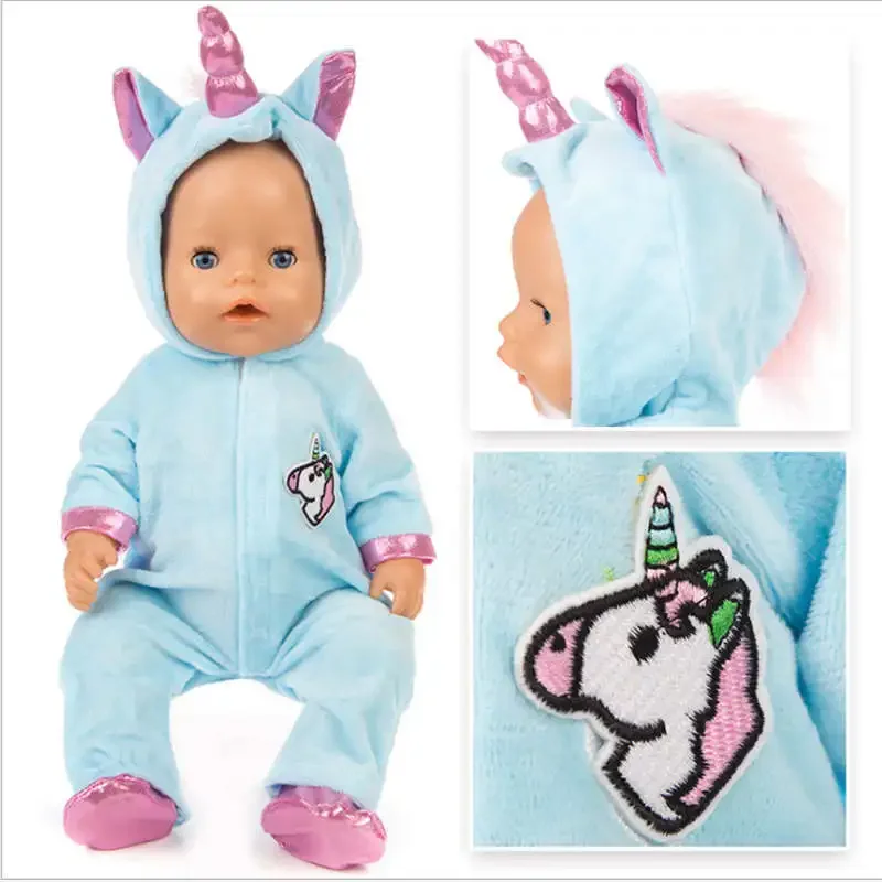 43cm Born New Baby Doll Clothes Pink Kitty Unicorn Pony Pajama Set 18 Inch Doll Clothes Baby Girl Birthday Gift 5