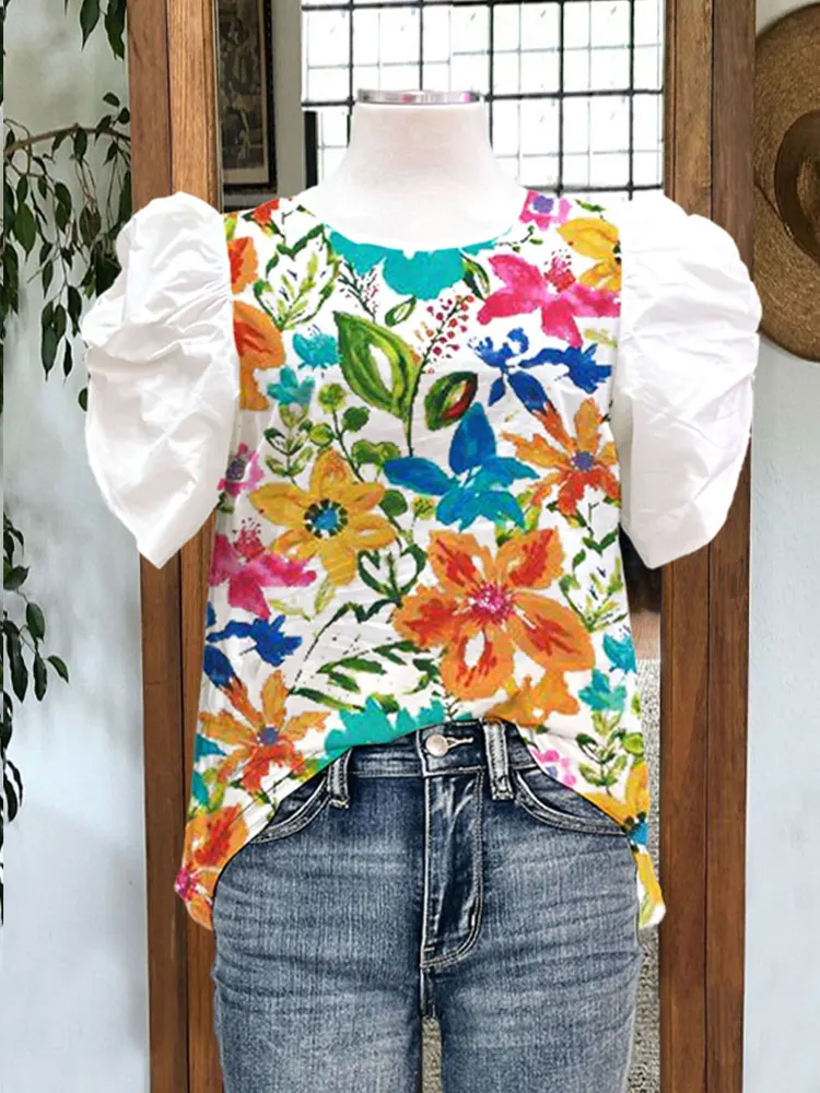 Elegant Puff Sleeve Stitching Flower Print Top Multi Floral Print Bubble Sleeve Blouses