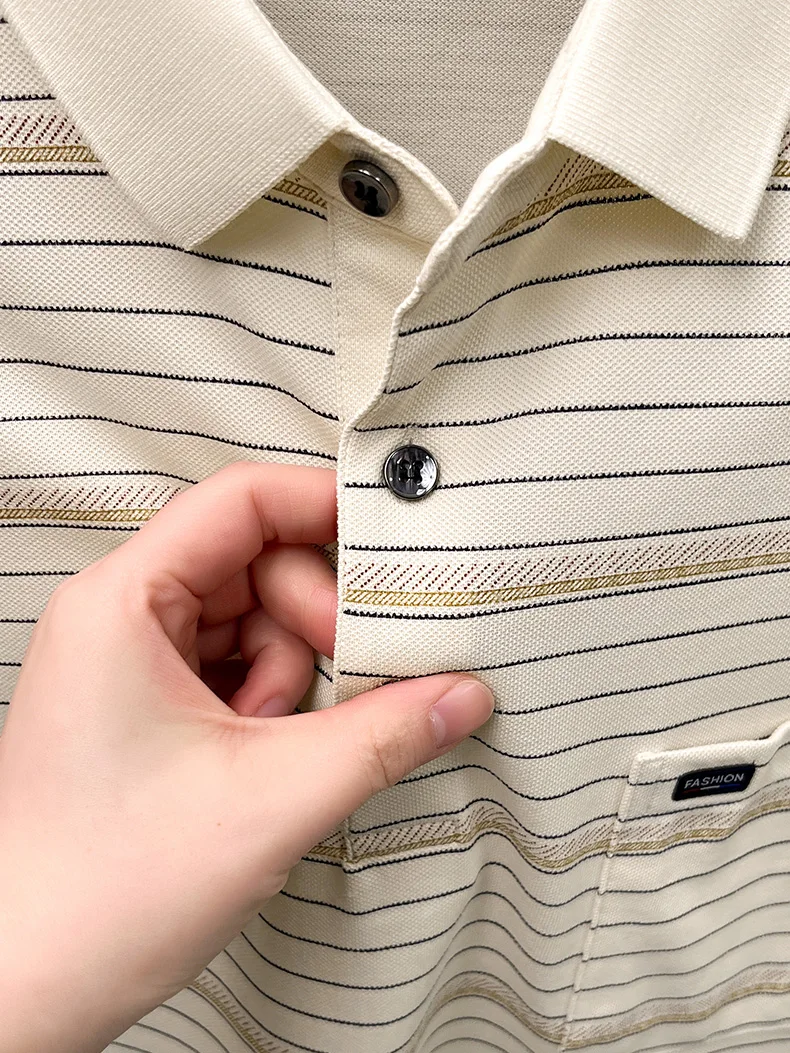 High quality stripe men short sleeve polo shirt light luxury pocket comfort breathable summer silky cotton casual lapel T-shirt 27 S5ae447b040a5495c9ad690f0c74c4ad1j