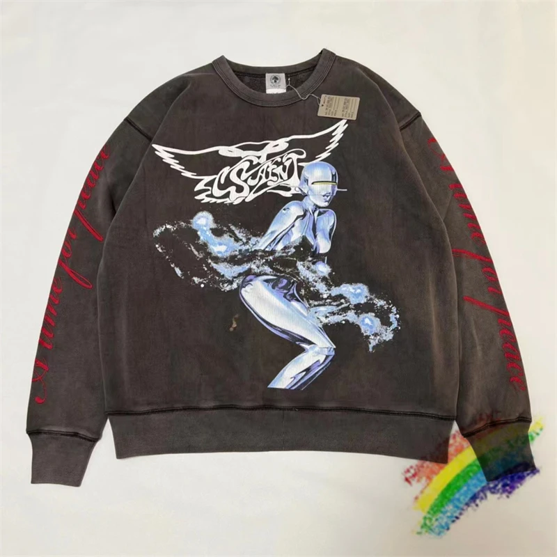 

Washed SAINT MICHAEL Vintage Sweatshirts Men Women 1:1 Top Quality Hole Hooded Digital Printing Rib Cracking Crewneck