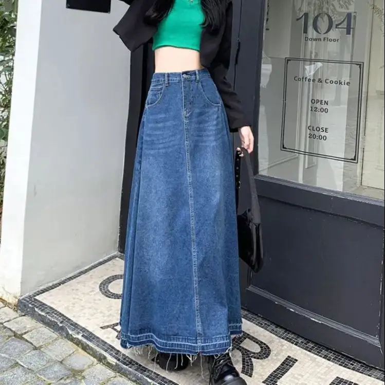 Denim Skirt High Waist New A-Line Long Women Vintage Casual Elastic Waist Jean Skirt Summe 2024 Dark Blue Skirt