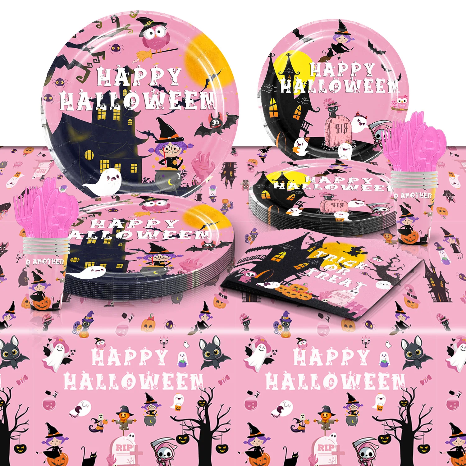 

NEW Cartoon Disney Pink Halloween Theme Birthday Party Decorative Disposable Tableware Background Baby Shower Kid Girl Boy Gift