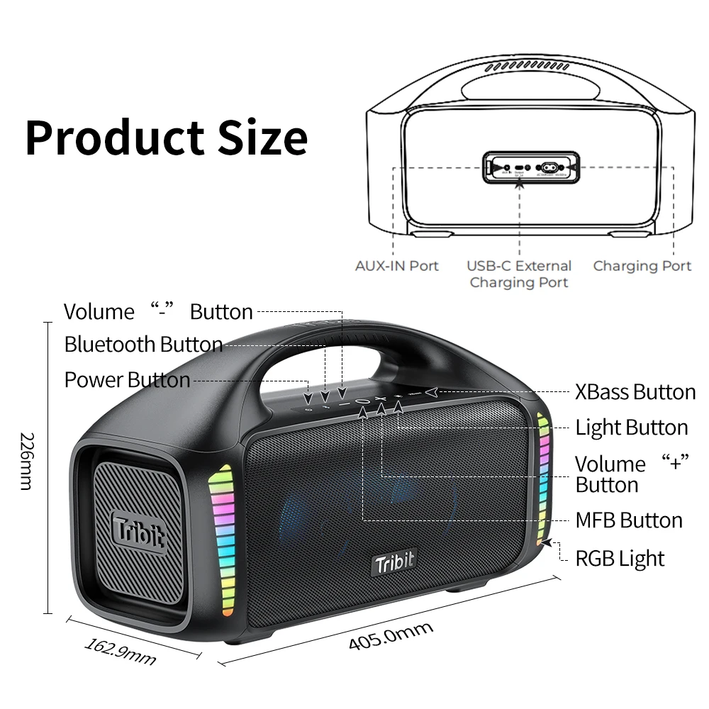 Tribit stormbox výbuch přenosné Bluetooth reproduktor, 90W stereo řádný s xbass, IPX7 vodotěsný, LED lehký, powerbank, nestandartní EQ